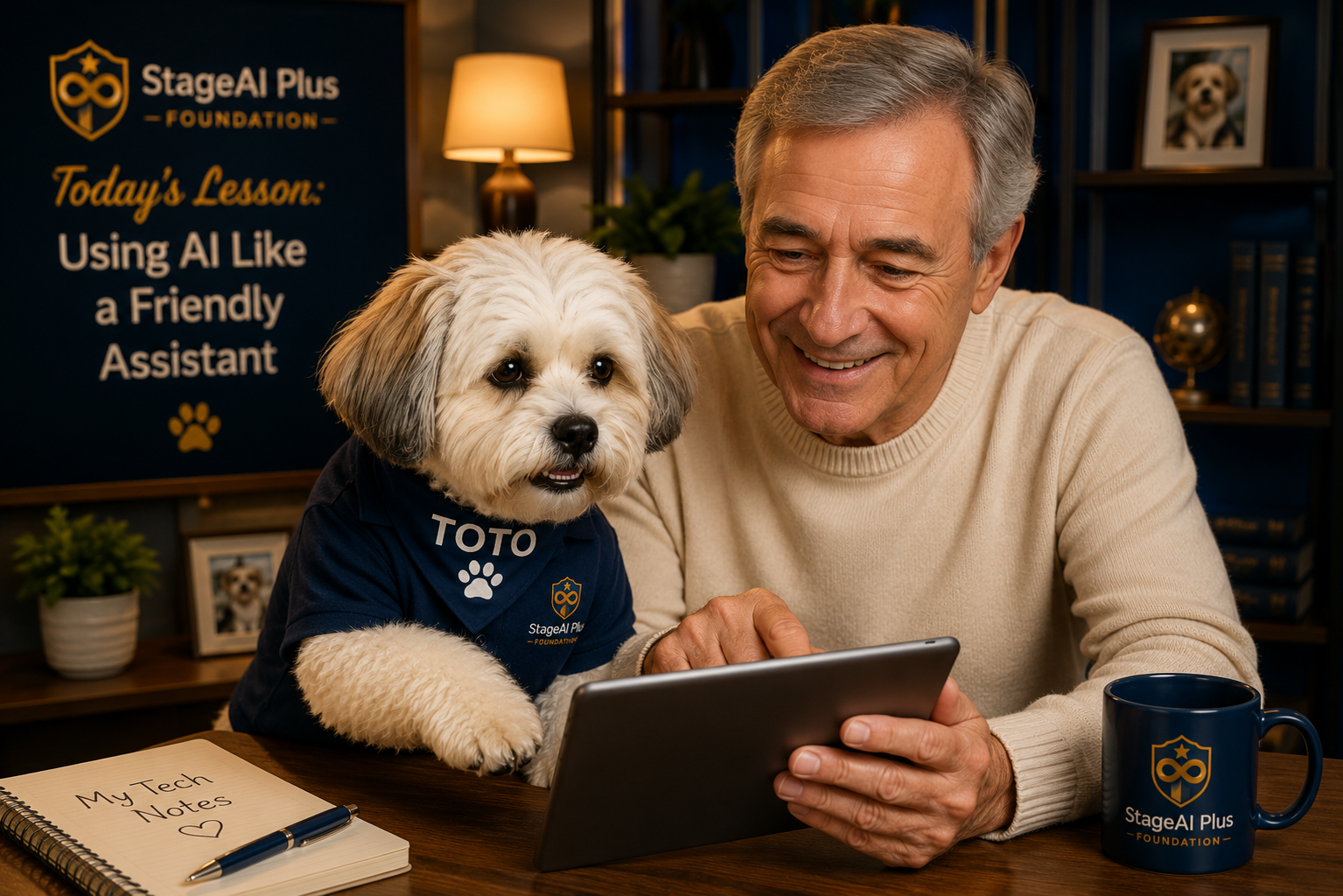 Toto sitting beside a senior learning to use a tablet — Foundation mission in action